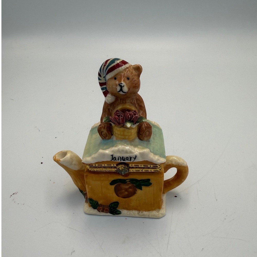 January Teddy Bear Teapot Hinged Trinket Box Porcelain Miniature Winter Decor